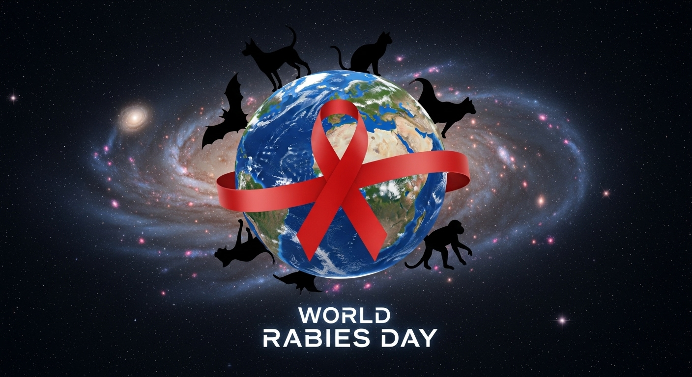 World Rabies Day Global Awareness with Red Ribbon and Animals